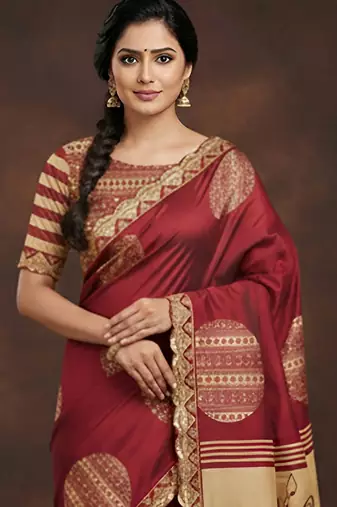 Maroon kalamkari print mulmul cotton saree with blouse.