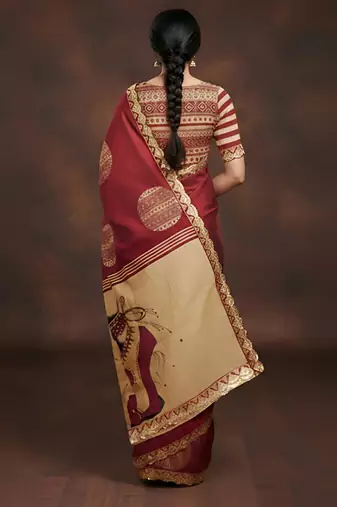 Maroon kalamkari print mulmul cotton saree with blouse.