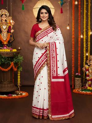 White kalamkari print mulmul cotton saree with blouse. 1
