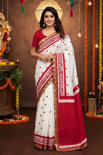 White kalamkari print mulmul cotton saree with blouse.