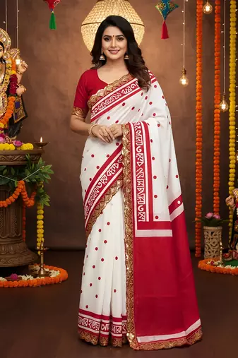 White kalamkari print mulmul cotton saree with blouse.