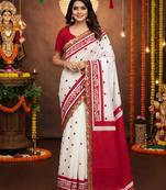 White kalamkari print mulmul cotton saree with blouse.
