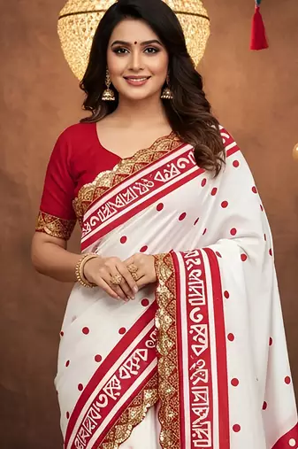 White kalamkari print mulmul cotton saree with blouse.