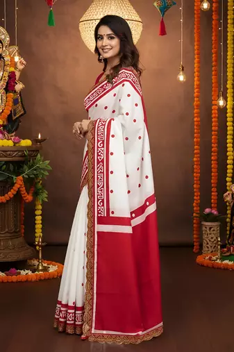 White kalamkari print mulmul cotton saree with blouse.