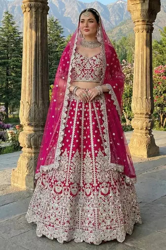 DESIGNER RANI PINK NET FABRIC WEDDING BRIDAL LEHENGA CHOLI SEMI STITCHED