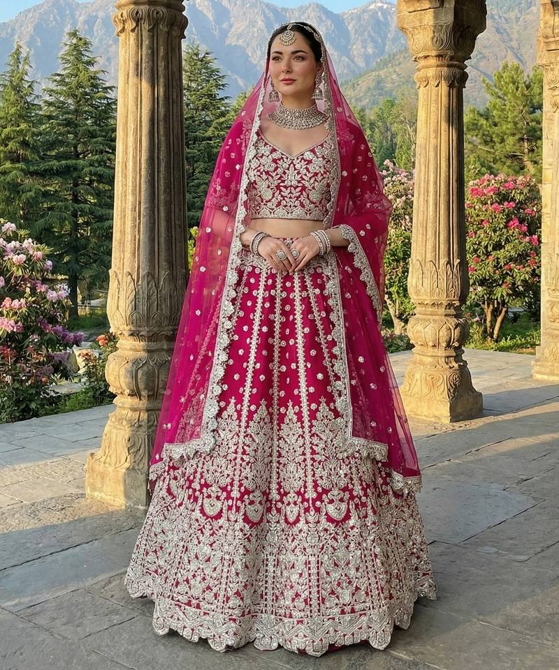 DESIGNER RANI PINK NET FABRIC WEDDING BRIDAL LEHENGA CHOLI SEMI STITCHED