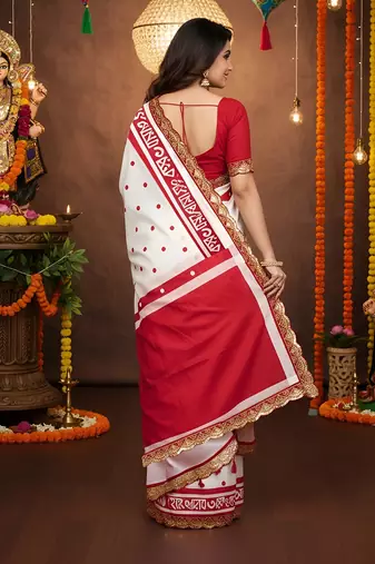 White kalamkari print mulmul cotton saree with blouse.