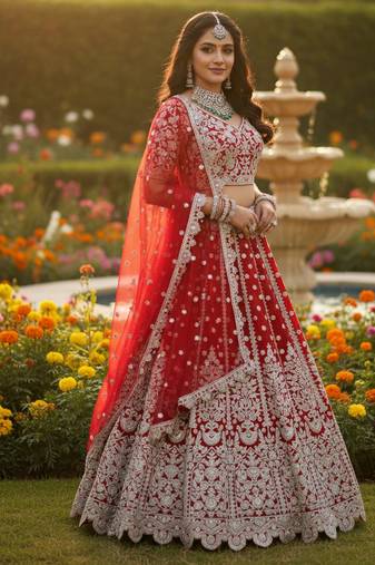 DESIGNER RED NET FABRIC WEDDING BRIDAL LEHENGA CHOLI SEMI STITCHED