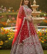 DESIGNER RED NET FABRIC WEDDING BRIDAL LEHENGA CHOLI SEMI STITCHED