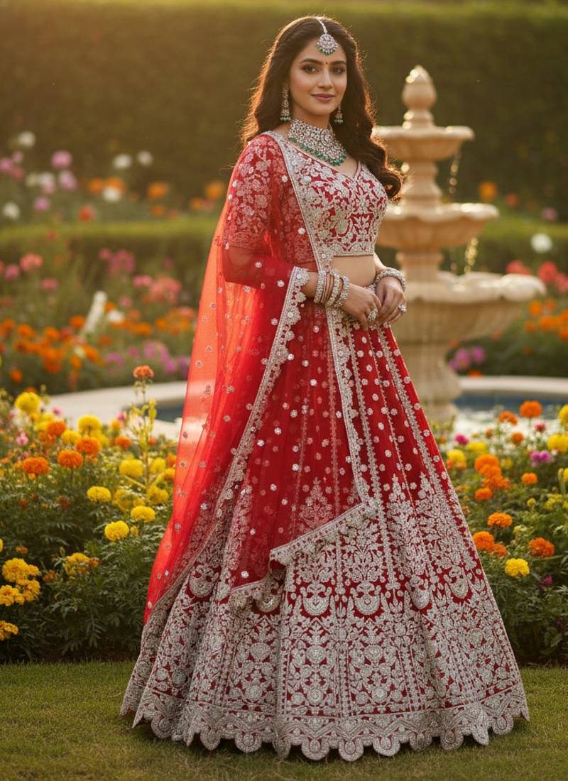DESIGNER RED NET FABRIC WEDDING BRIDAL LEHENGA CHOLI SEMI STITCHED