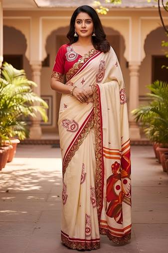 Cream kalamkari print mulmul cotton saree with blouse.