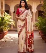Cream kalamkari print mulmul cotton saree with blouse.