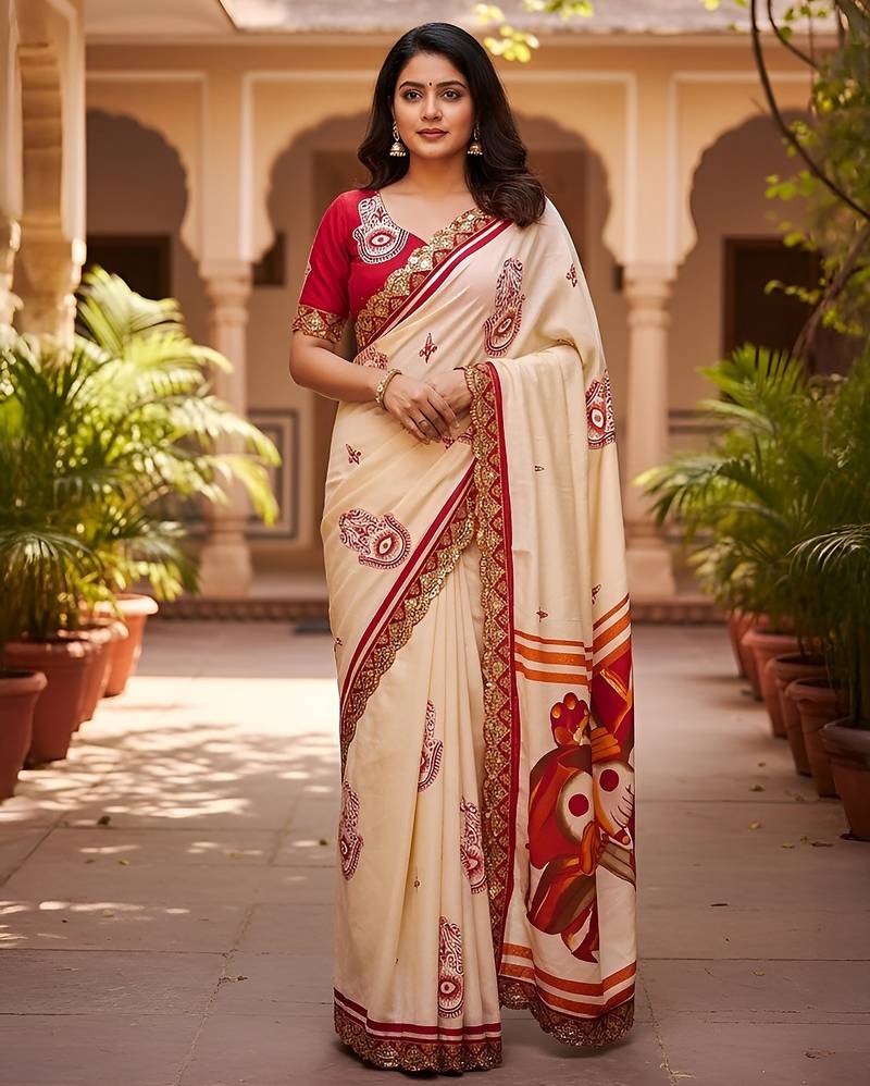 Cream kalamkari print mulmul cotton saree with blouse.