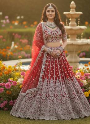 DESIGNER RED NET FABRIC WEDDING BRIDAL LEHENGA CHOLI SEMI STITCHED 2