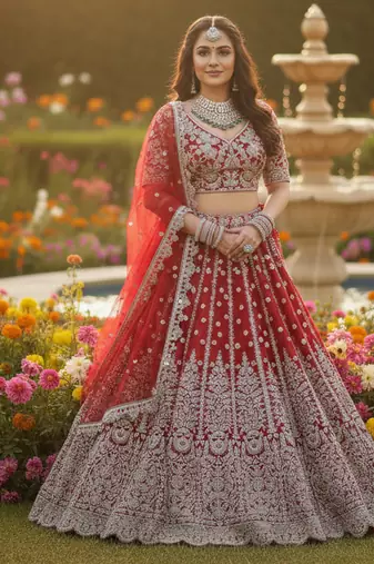 DESIGNER RED NET FABRIC WEDDING BRIDAL LEHENGA CHOLI SEMI STITCHED