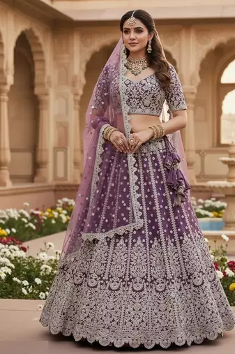 DESIGNER LAVENDER NET FABRIC WEDDING BRIDAL LEHENGA CHOLI SEMI STITCHED