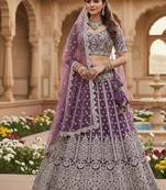 DESIGNER LAVENDER NET FABRIC WEDDING BRIDAL LEHENGA CHOLI SEMI STITCHED