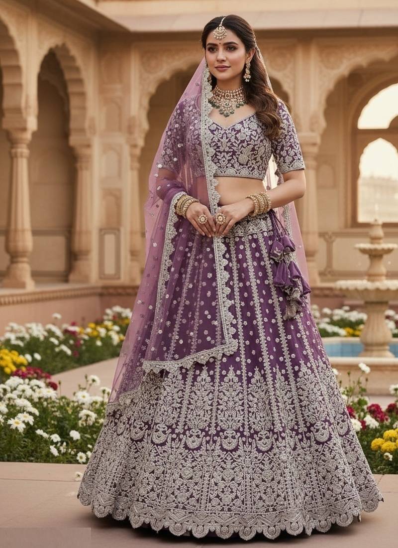 DESIGNER LAVENDER NET FABRIC WEDDING BRIDAL LEHENGA CHOLI SEMI STITCHED