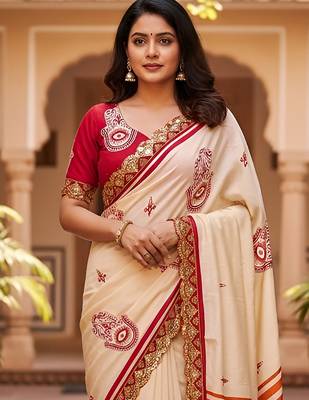 Cream kalamkari print mulmul cotton saree with blouse. 2