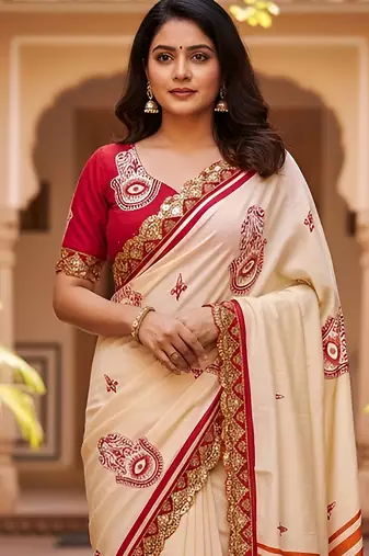 Cream kalamkari print mulmul cotton saree with blouse.