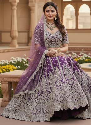 DESIGNER LAVENDER NET FABRIC WEDDING BRIDAL LEHENGA CHOLI SEMI STITCHED 2