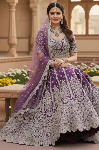 DESIGNER LAVENDER NET FABRIC WEDDING BRIDAL LEHENGA CHOLI SEMI STITCHED