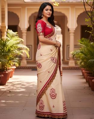 Cream kalamkari print mulmul cotton saree with blouse. 3