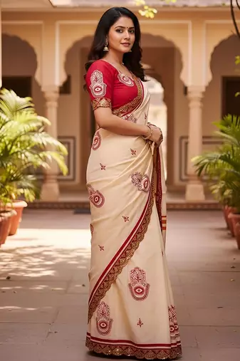 Cream kalamkari print mulmul cotton saree with blouse.