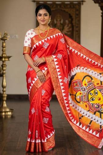 Red Color Digital printing Durga Pooja Work Lichi Silk Saree