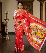 Red Color Digital printing Durga Pooja Work Lichi Silk Saree