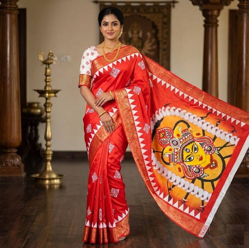 Red Color Digital printing Durga Pooja Work Lichi Silk Saree