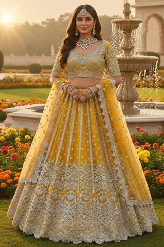 DESIGNER YELLOW NET FABRIC WEDDING BRIDAL LEHENGA CHOLI SEMI STITCHED