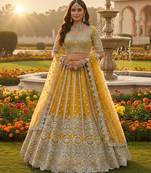 DESIGNER YELLOW NET FABRIC WEDDING BRIDAL LEHENGA CHOLI SEMI STITCHED
