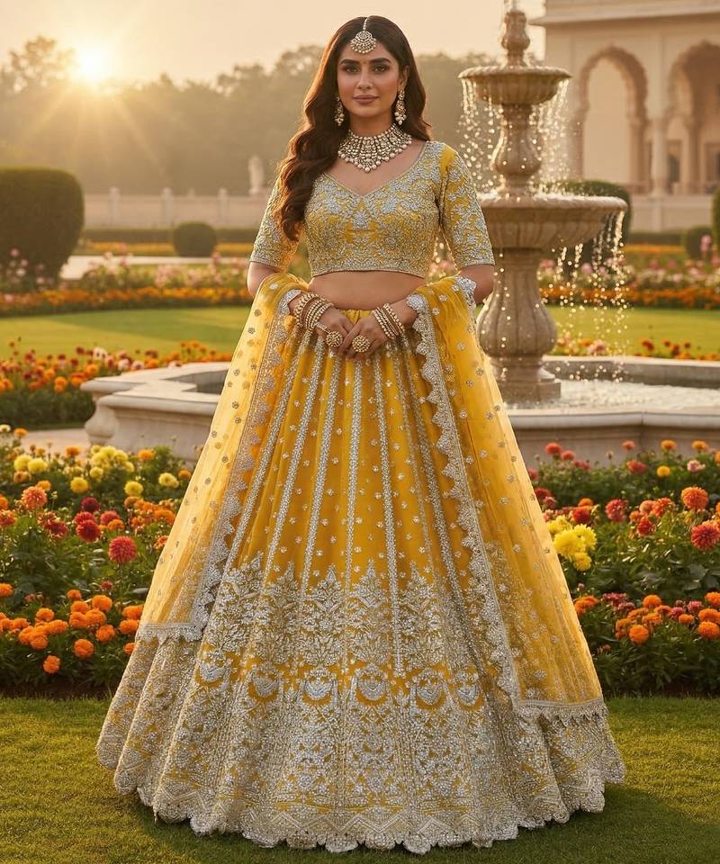 DESIGNER YELLOW NET FABRIC WEDDING BRIDAL LEHENGA CHOLI SEMI STITCHED