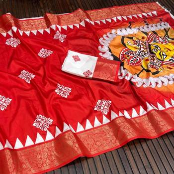 Red Color Digital printing Durga Pooja Work Lichi Silk Saree 2