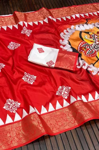 Red Color Digital printing Durga Pooja Work Lichi Silk Saree