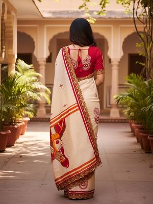 Cream kalamkari print mulmul cotton saree with blouse. 4