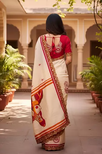Cream kalamkari print mulmul cotton saree with blouse.
