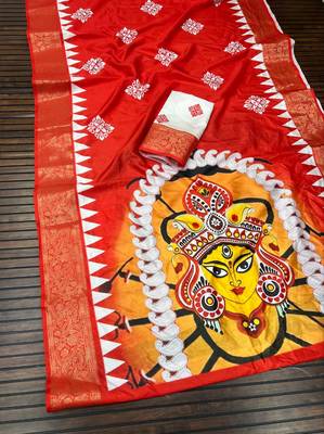 Red Color Digital printing Durga Pooja Work Lichi Silk Saree 3