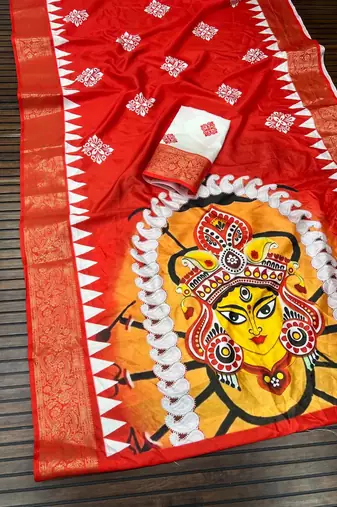 Red Color Digital printing Durga Pooja Work Lichi Silk Saree