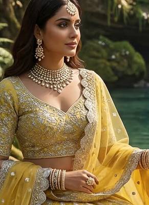 DESIGNER YELLOW NET FABRIC WEDDING BRIDAL LEHENGA CHOLI SEMI STITCHED 2