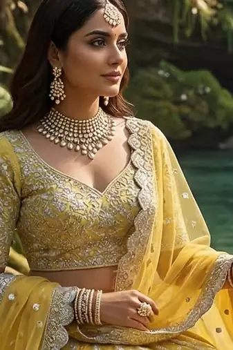DESIGNER YELLOW NET FABRIC WEDDING BRIDAL LEHENGA CHOLI SEMI STITCHED