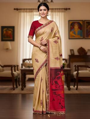 Beige kalamkari print mulmul cotton saree with blouse. 1