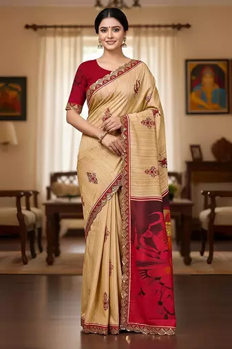 Beige kalamkari print mulmul cotton saree with blouse.