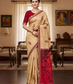 Beige kalamkari print mulmul cotton saree with blouse.