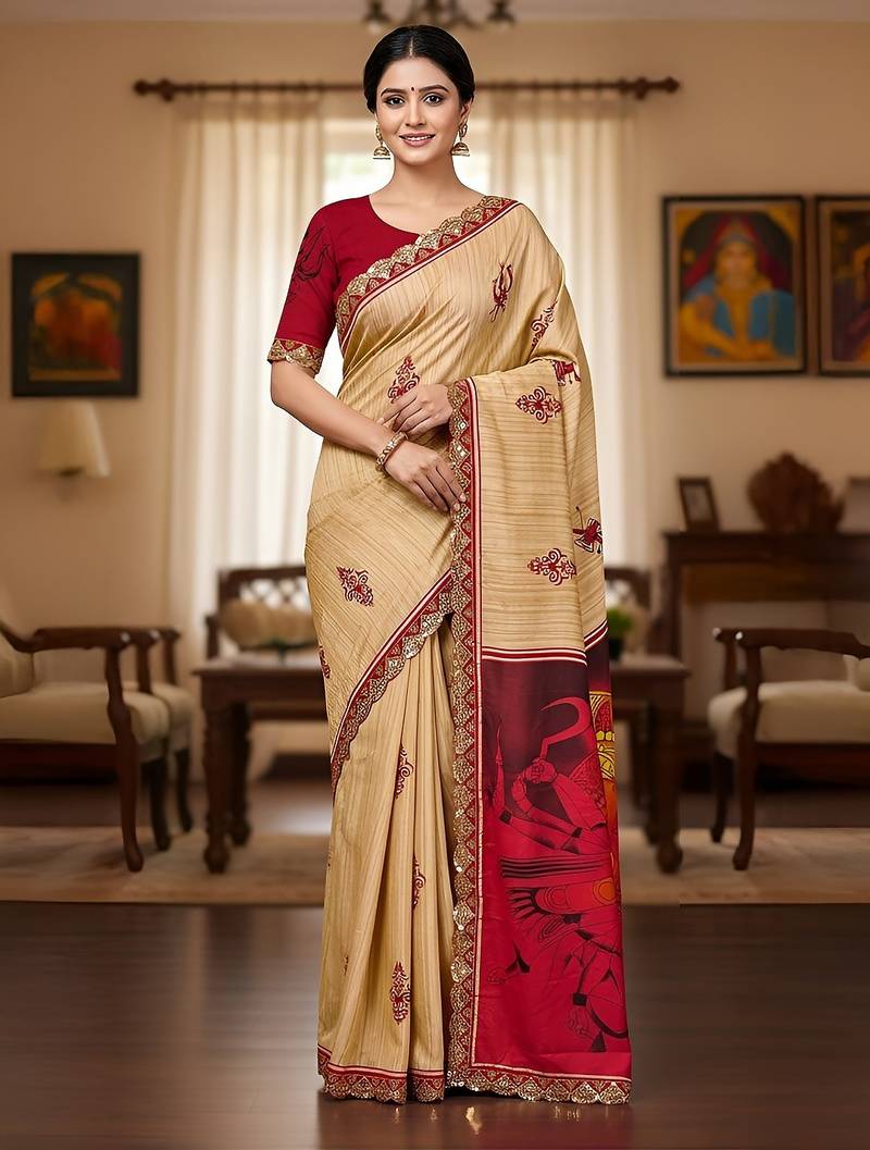 Beige kalamkari print mulmul cotton saree with blouse.