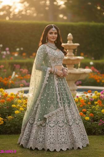DESIGNER SILVER SKY NET FABRIC WEDDING BRIDAL LEHENGA CHOLI SEMI STITCHED