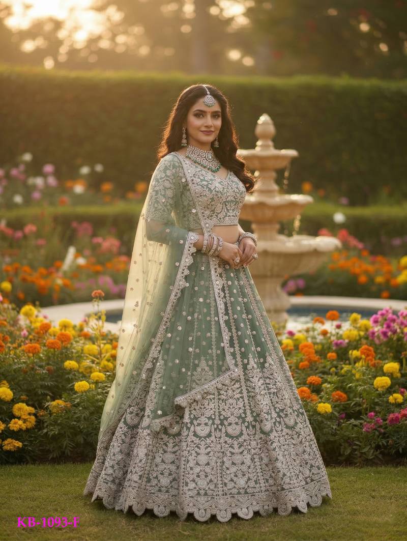 DESIGNER SILVER SKY NET FABRIC WEDDING BRIDAL LEHENGA CHOLI SEMI STITCHED