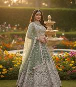 DESIGNER SILVER SKY NET FABRIC WEDDING BRIDAL LEHENGA CHOLI SEMI STITCHED