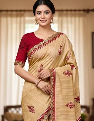 Beige kalamkari print mulmul cotton saree with blouse. 2